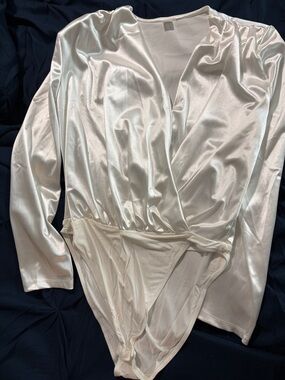 Amazon White Satin Long Sleeve Surplice Bodysuit